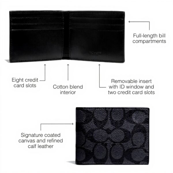 Portafoglio Coach Sottile in Pelle Uomo Carbone Nero