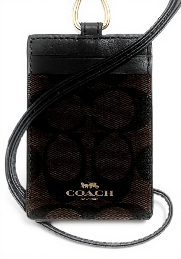 Porta carte Coach tela marrone nero distintivo ID cordino